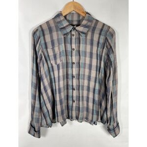 Nicholas K Women's XS Gray Teal Plaid Long Sleeve Flared Hem Button Down Shirt